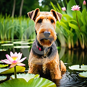 Airedale Terrier dog gazing curiously at a serene pond surround