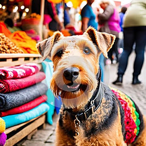 Airedale Terrier dog gazing curiously at a vibrant street market