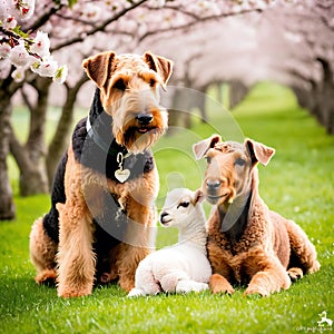 Airedale Terrier dog gazing lovingly at a newborn lamb in a peace