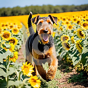 Airedale Terrier dog joyfully running through a sunflower field