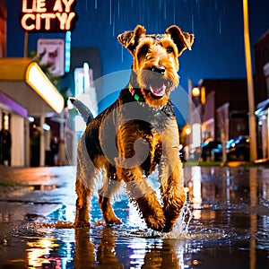 Airedale Terrier dog joyfully splashing in a puddle after a rain