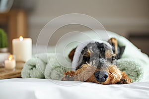 Airedale terrier dog lays on a bed, pet relaxing in spa wellness