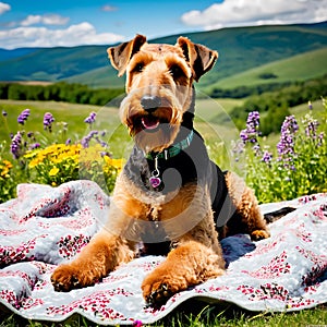 Airedale Terrier dog lounging on a blanket at a picnic in a setting