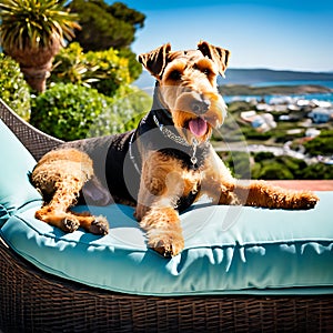 Airedale Terrier dog lounging on a luxurious chaise lounge on a balcony