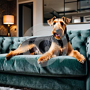 Airedale Terrier dog lounging on a plush velvet sofa in a luxury