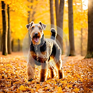 Airedale Terrier dog playfully chasing autumn leaves