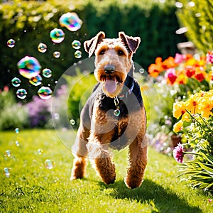 Airedale Terrier dog playfully chasing bubbles in a sunny garden