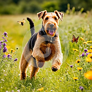 Airedale Terrier dog playfully chasing a butterfly in a meadow flower fields