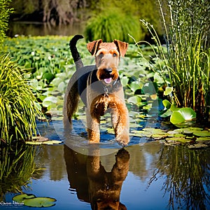 Airedale Terrier dog playfully chasing its own reflection in a lake