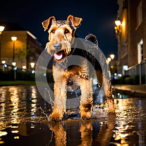 Airedale Terrier dog playfully splashing in a puddle after a rain