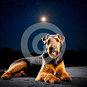 Airedale Terrier dog resting peacefully under a starry night sky