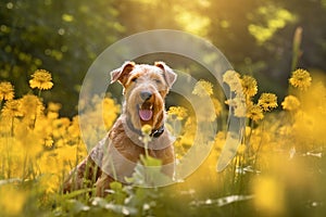 Airedale terrier dog sitting in meadow field surrounded by vibrant wildflowers and grass on sunny day AI Generated