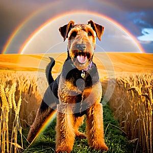 Airedale Terrier dog standing proudly in a field of golden wheat