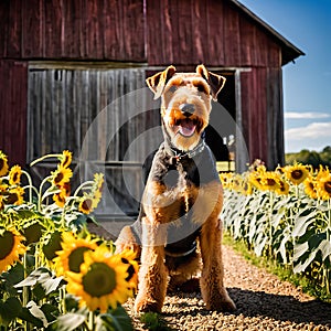 Airedale Terrier dog standing proudly in front of a rustic barn