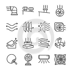 Airflow line icon set. Included the icons as airflow, turbine, fan, air ventilation, Ventilators and more.