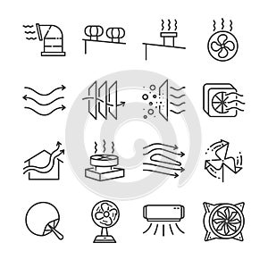 Airflow line icon set. Included the icons as airflow, turbine, fan, air ventilation, Ventilators and more. photo