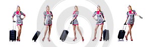 The airhostess with luggage on white