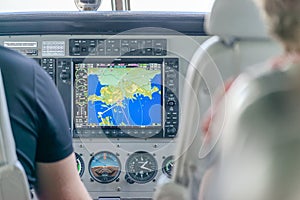 AIRLIE BEACH, AUSTRALIA - AUGUST 25, 2018: Cockpit of a small airplane ready for take off. The place is a famous starting point