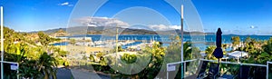 Airlie Beach port, panoramic aerial view on a sunny morning