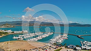 Airlie Beach skyline aerial view at sunset, Queensland coastline