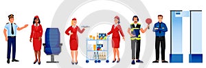 Airline, airport staff team vector illustration. Pilot, stewardess, security officer, flight dispatcher characters set