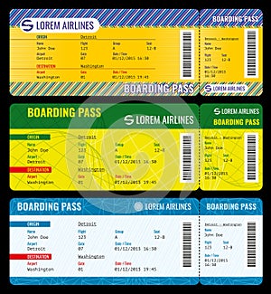 Airline boarding pass modern tickets vector mockup