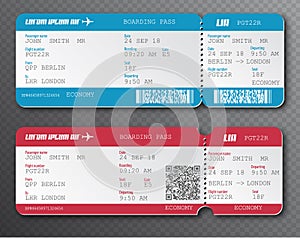 Airline boarding pass ticket tear-off element set, isolated on transparent background. Vector illustration. Red and blue passenger