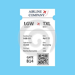 Airline boarding pass, ticket template with QR code.Isolated on blue background