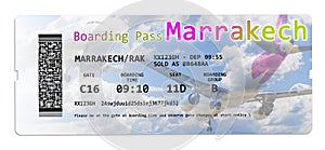 Airline boarding pass ticket to Marrakech Morocco - Africa - all the contents of the concept image are totally invented and does