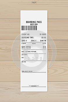 Airline boarding pass ticket. White boarding pass paper sheet on wood. Vector