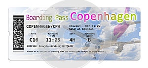 Airline boarding pass tickets to Copenhagen isolated on white - The contents are totally invented and does not contain under photo