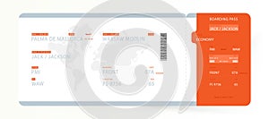 Airline Boarding Pass with World Map. Template ticket for traveling on plane for flight. Flat Vector illustration EPS10