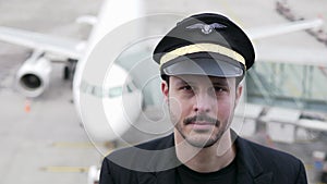 Airline Captain Pilot in Uniform Preparing for Flight at Airport Treminal Gate