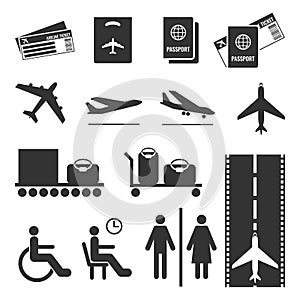 Airline colourless signs set. Passports and tickets, airplane flying, baggage photo