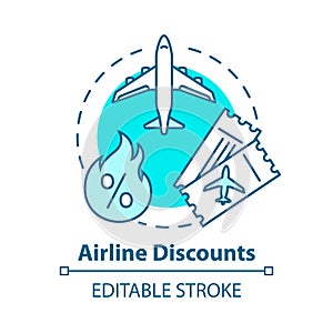 Airline discounts concept icon. Affordable travel, budget tourism idea thin line illustration. Airway company special