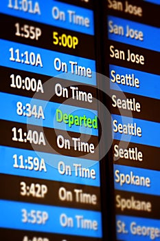 Airline Flights Information Board Arrivals and Departures Traveling Seattle San Jose Spokane