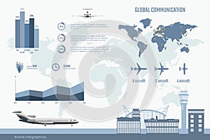 Airline infographics. Graphs and diagram of transportation business. Global map with aircrafts. Aviation brochure