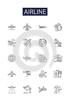 Airline line vector icons and signs. Flights, Airfare, Jets, Pilots, Baggage, Tickets, Jetset, Aviate outline vector photo