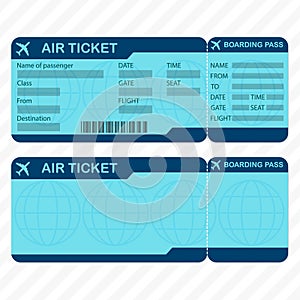 Airline or plane ticket template. Detailed boarding pass blank and airplane ticket. Vector illustration.