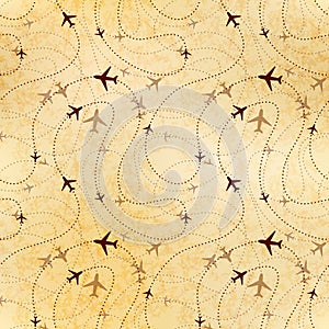 Airline routes, map on old paper, seamless pattern