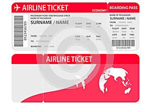 Airline ticket or boarding pass for traveling by plane isolated on white.Plane ticket template. Air economy flight. Red photo