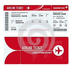 Airline ticket or boarding pass for traveling by plane isolated on white. Vector illustration.