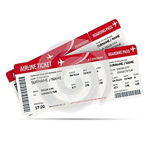 Airline ticket or boarding pass for traveling by plane isolated on white. Vector illustration.