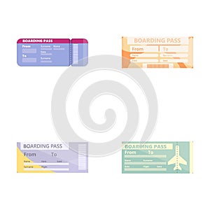 Airline ticket icons set cartoon vector. Boarding pass for traveling by plane