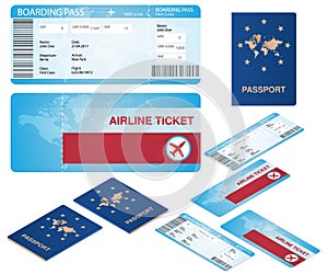 Airline ticket and passport mocks with isometric projections isolatedon white. photo