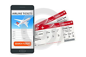 Airline tickets booking online app phone and two boarding passes. Concept of travel, journey or business. Isolated on