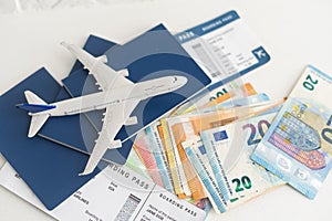 Airline tickets and documents on white background