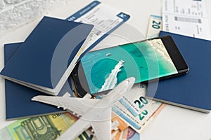 Airline tickets and documents on white background