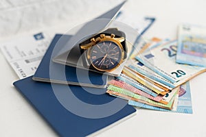 Airline tickets and documents on white background