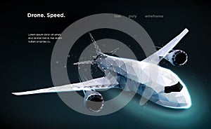 Airliner Aircraft Speed A flying airliner is a top view Illustration is executed in the form of particles, geometric art